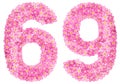 Arabic numeral 69, sixty nine, from pink forget-me-not flowers,