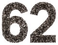 Arabic numeral 62, sixty two, from black a natural charcoal, iso