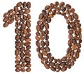 Arabic numeral 10, ten, from coffee beans, isolated on white background Royalty Free Stock Photo