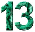 Arabic numeral 13, thirteen, from natural green malachite, isolated on white background