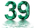 Arabic numeral 39, thirty nine, from natural green malachite, reflected on the water surface, isolated on white, 3d render