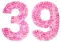 Arabic numeral 39, thirty nine, from pink forget-me-not flowers,