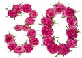 Arabic numeral 30, thirty, from red flowers of rose, isolated on