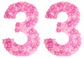 Arabic numeral 33, thirty three, from pink forget-me-not flowers