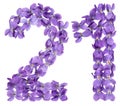 Arabic numeral 21, twenty one, from flowers of viola, isolated o Royalty Free Stock Photo