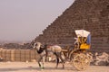 Traditional Horse Chart Pyramids of Giza Cairo Egypt and Sphinx at sunset Royalty Free Stock Photo