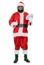 Arabic Santa with black beard holds fan of dollars money, shows thumb finger up. Santa Claus is holding dollar banknotes