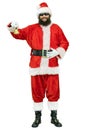 Arabic Santa with black beard rings bell. Santa Claus is ringing bell on white background. Christmas coming