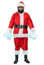 Arabic Santa with black beard wearing a covid medical mask, holds mask or respirators epidemic or coronavirus protection