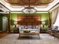 Arabic style interior with green walls and oriental furnishings with side tables and blue lamps