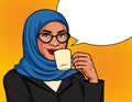 Arabic successful business woman over dot background with cup of coffee in her hand