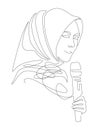 Arabic successful woman, Muslim women in hijab with microphone, hand-drawn line art feministic illustration for boutique fashion