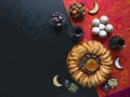 Arabic sweets. Arabian Qatayef and Egyptian cookies `Kahk El Eid`. Cookies of El Fitr Islamic Feast. Ramadan food background