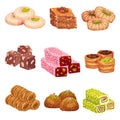 Arabic Sweets with Famous Baklava and Rahat Lakoum Vector Set