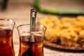 Arabic tea with desserts closeup