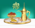 Arabic tea set with bowl of dates. Ramadan iftar party food. 3d vector illustration