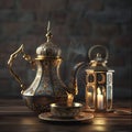 arabic teapot, dates inside bowl and classic lantern. Generative ai Royalty Free Stock Photo