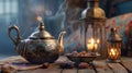 arabic teapot, dates inside bowl and classic lantern. Generative ai Royalty Free Stock Photo