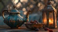 arabic teapot, dates inside bowl and classic lantern. Generative ai Royalty Free Stock Photo