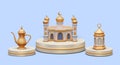 Arabic teapot, mosque, lantern on round podiums. Luxurious decorative elements
