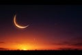 Arabic text space: Crescent moon, star, twilight sky, orange sunlight