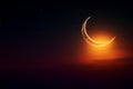 Arabic text space: Crescent moon, star, twilight sky, orange sunlight