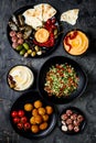 Arabic traditional cuisine. Middle Eastern meze platter with pita, olives, hummus, stuffed dolma, labneh cheese balls, falafel.