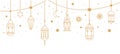 Arabic traditional Ramadan Kareem eastern lanterns garland. Muslim ornamental hanging golden lanterns, stars and moon