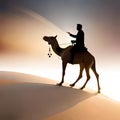 An arabic tribe riding a camel in the desert vast desert background