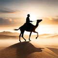 An arabic tribe riding a camel in the desert vast desert background