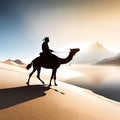 An arabic tribe riding a camel in the desert vast desert background