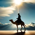 An arabic tribe riding a camel in the desert vast desert background