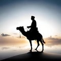 An arabic tribe riding a camel in the desert vast desert background