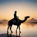 An arabic tribe riding a camel in the desert vast desert background