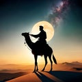 An arabic tribe riding a camel in the desert vast desert background