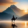 An arabic tribe riding a camel in the desert vast desert background