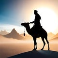 An arabic tribe riding a camel in the desert vast desert background