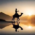 An arabic tribe riding a camel in the desert vast desert background