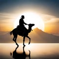 An arabic tribe riding a camel in the desert vast desert background