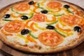 Arabic Veg pizza served in cutting board isolated on background top view of fast food