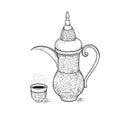 Arabic vintage coffeepot and figured cup with a hot drink and a flavored vapor. National coffee ware. Vector sketch