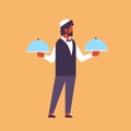 Arabic waiter hold covered plate tray lid service concept arab man prepare serve male cartoon character flat full length