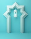 Arabic window door and hanging lamp on blue pastel background. Royalty Free Stock Photo