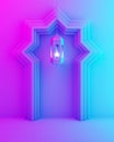 Arabic window door and hanging lamp on blue pink violet gradient background. Royalty Free Stock Photo