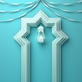 Arabic window door, ribbon and hanging lamp on blue pastel background. Royalty Free Stock Photo