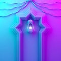 Arabic window door, ribbon and hanging lamp on blue pink violet gradient background. Royalty Free Stock Photo