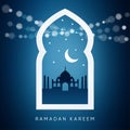 Arabic window with, silhouette of the mosque, moon. Ramadan card.