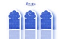 Arabic windows arch in paper cut style. Origami Ramadan Kareem greeting cards. Arabesque pattern. Crescent Moon. Holy