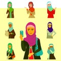 Arabic woman adult character Arabian Asia nationality islamic girl face in hijab vector illustration