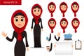 Arabic woman constructor set. Cute cartoon character with various face expressions and things.